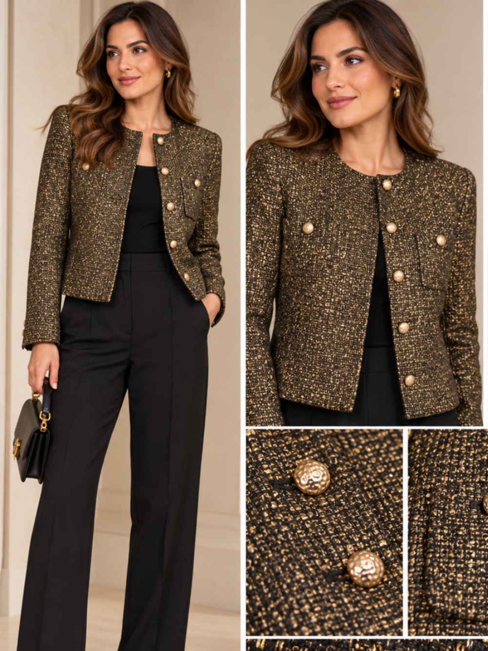 Reiss wynee goldBlack metallic tweed jacket Blazer with Structured size 6